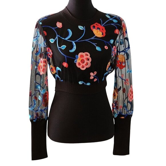 NEW COSMOPOLITAN x DRESS THE POPULATION MESH FLORAL BLACK LONG SLEEVE CROP TOP - Picture 2 of 15